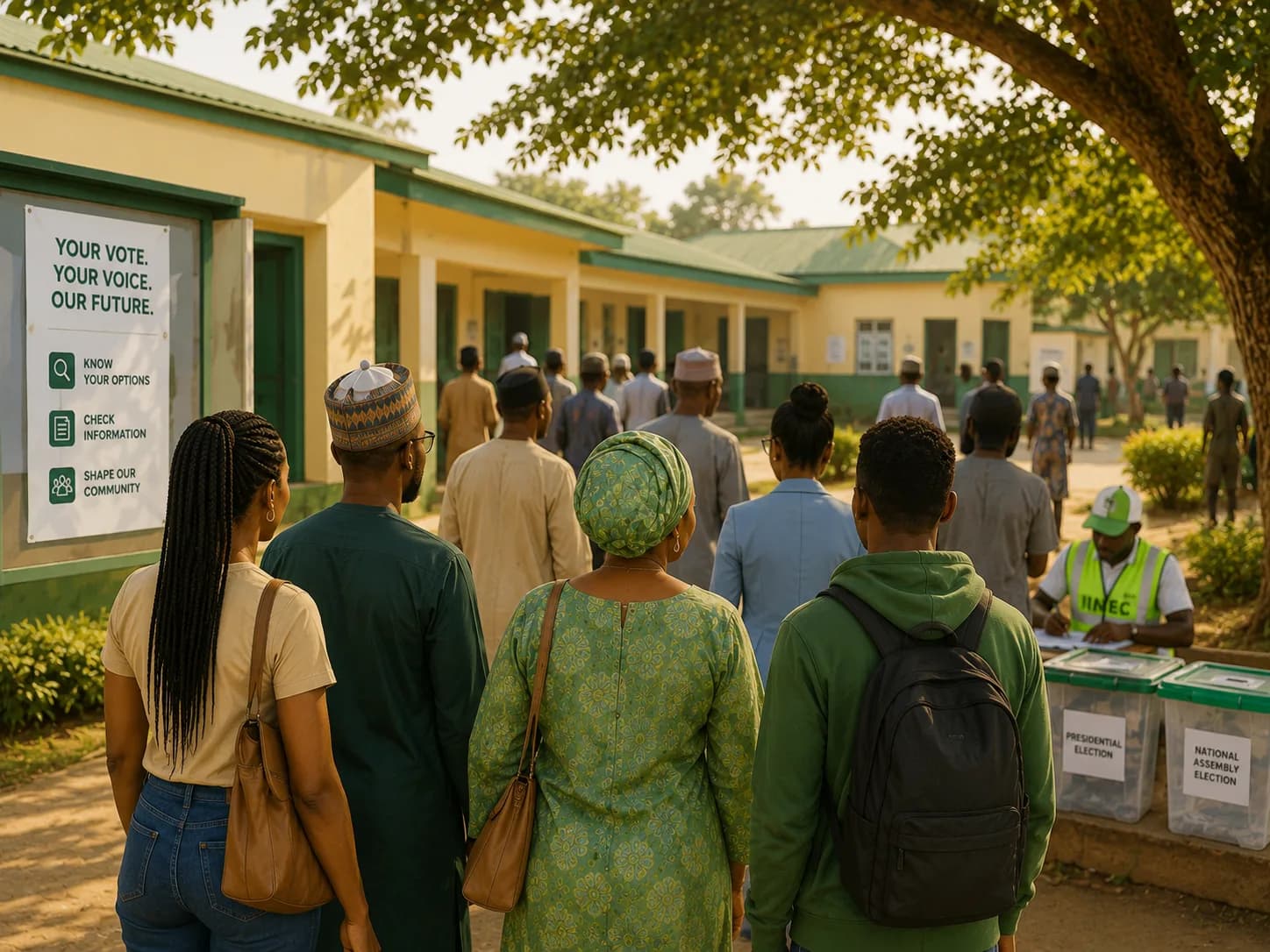 Illustration of voters arriving at a Nigerian polling centre.